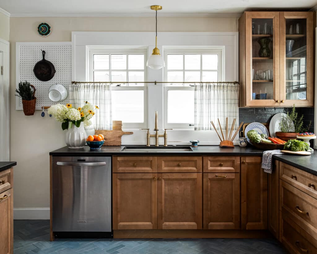 Kitchen window view at a mid-century modern home renovation in Kenilworth, NC.